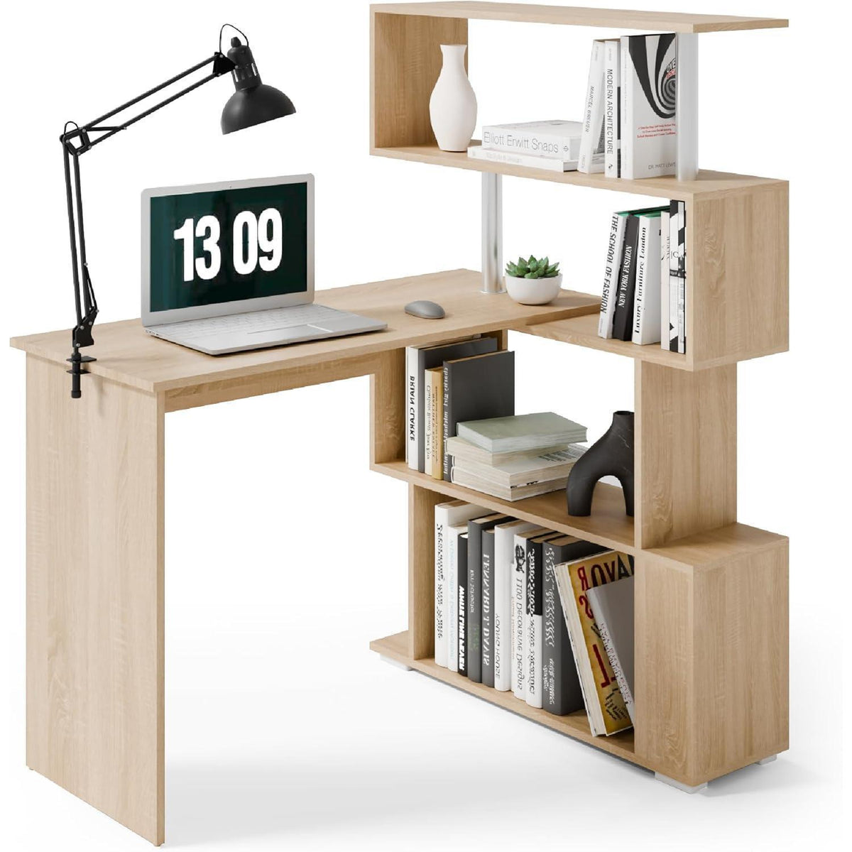 L-Schreibtisch mit drehbarem Bücherregal, Eiche