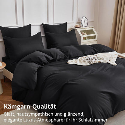 4teilige Bettwäsche 135x200 Baumwolle Schwarz Uni