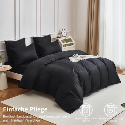 4teilige Bettwäsche 135x200 Baumwolle Schwarz Uni