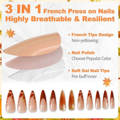 Press on Nägel 3D Orangenblumen – Mandel French Tip