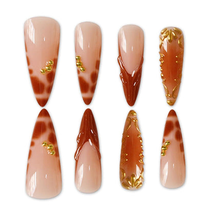 Press on Nägel 3D Orangenblumen – Mandel French Tip