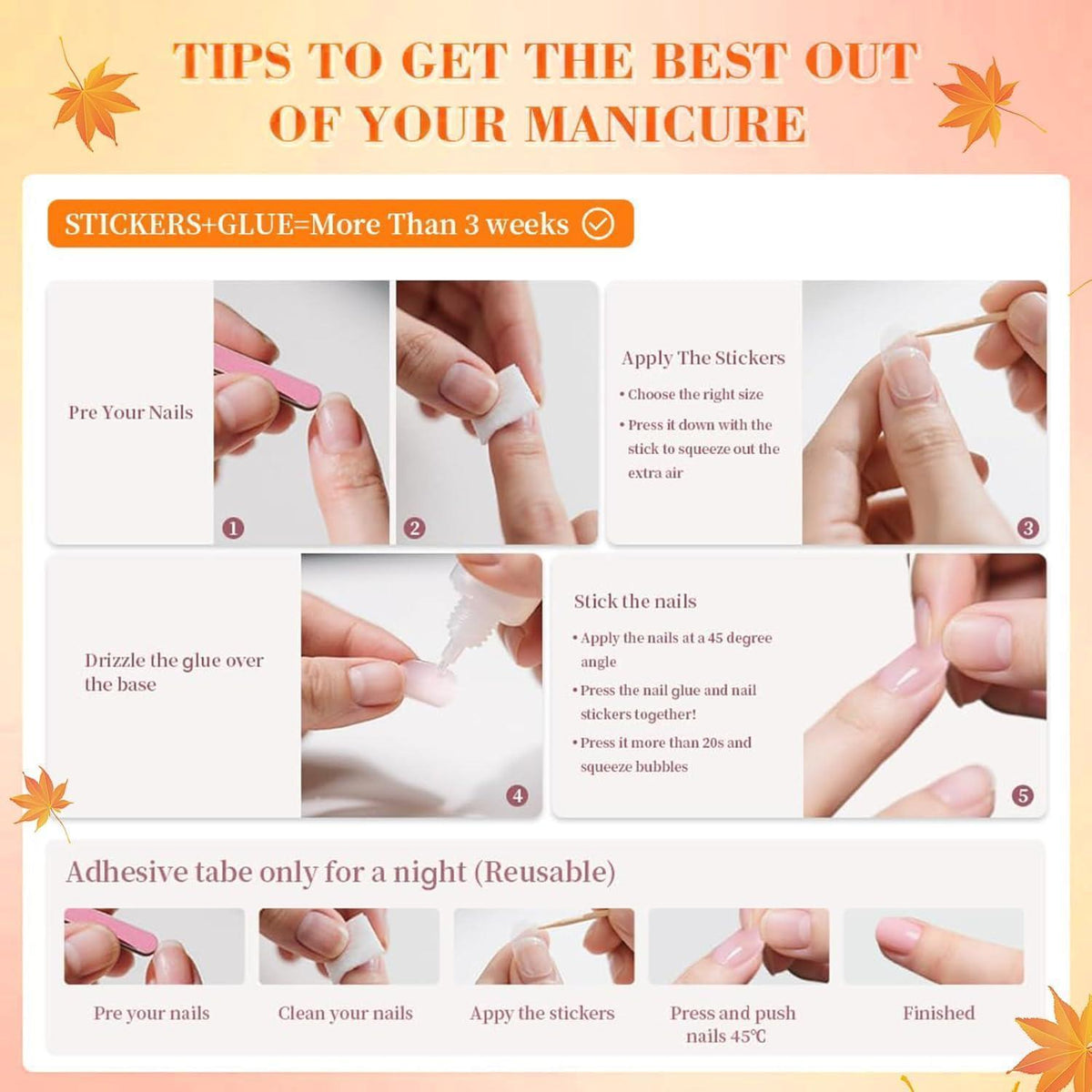 Press on Nägel 3D Orangenblumen – Mandel French Tip