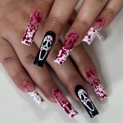 24 Halloween Press On Nägel Lang Square French Tip mit Blutstropfen