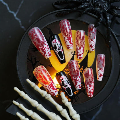 24 Halloween Press On Nägel Lang Square French Tip mit Blutstropfen