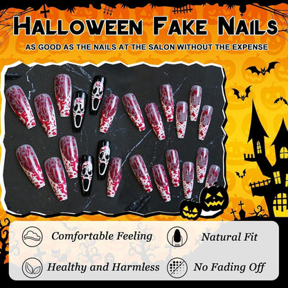 24 Halloween Press On Nägel Lang Square French Tip mit Blutstropfen