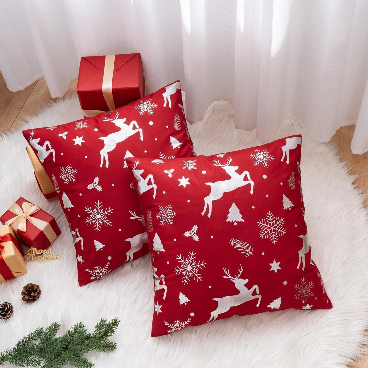 2er Set Weihnachtskissenbezug 50x50 cm - Rot, Elch & Schnee