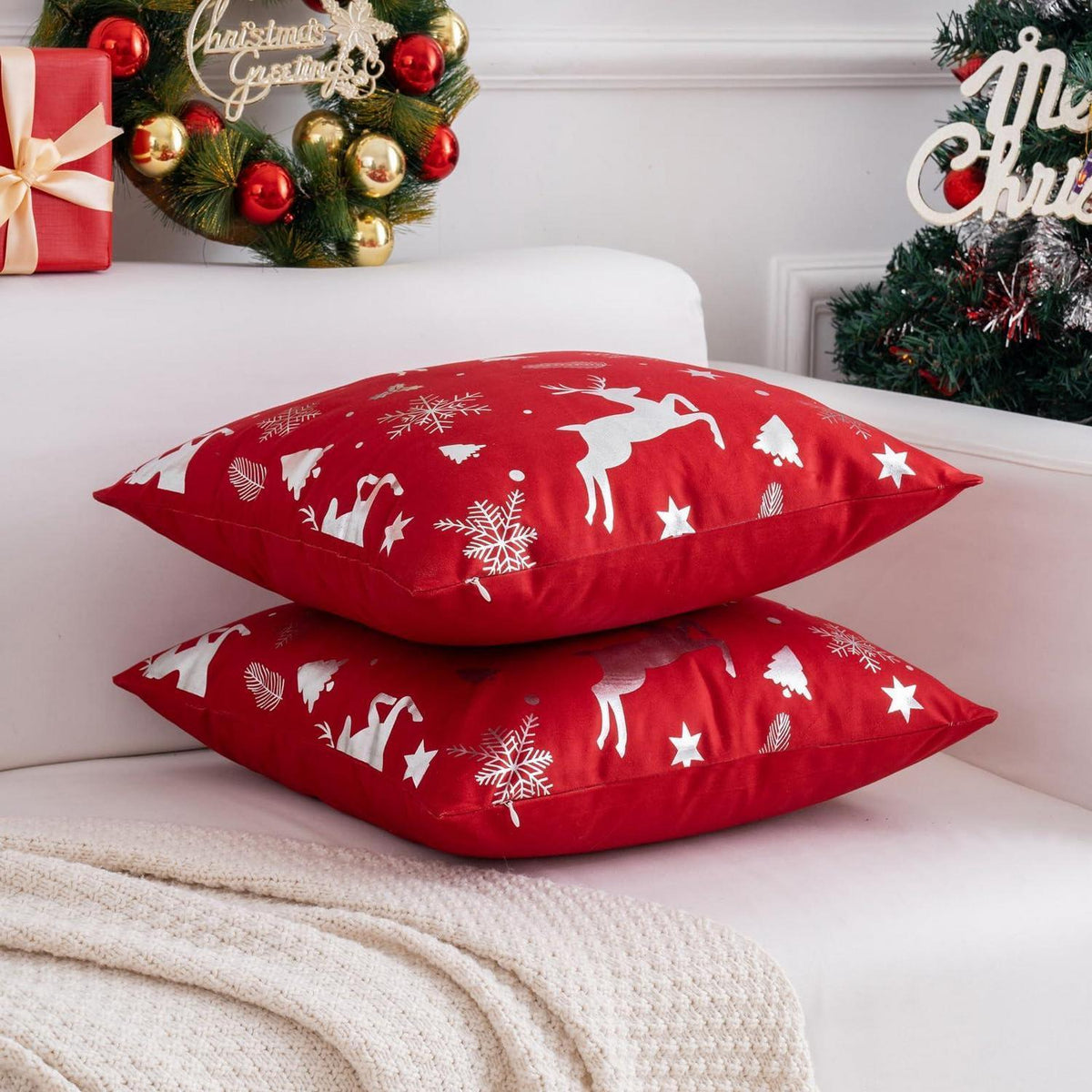 2er Set Weihnachtskissenbezug 50x50 cm - Rot, Elch & Schnee