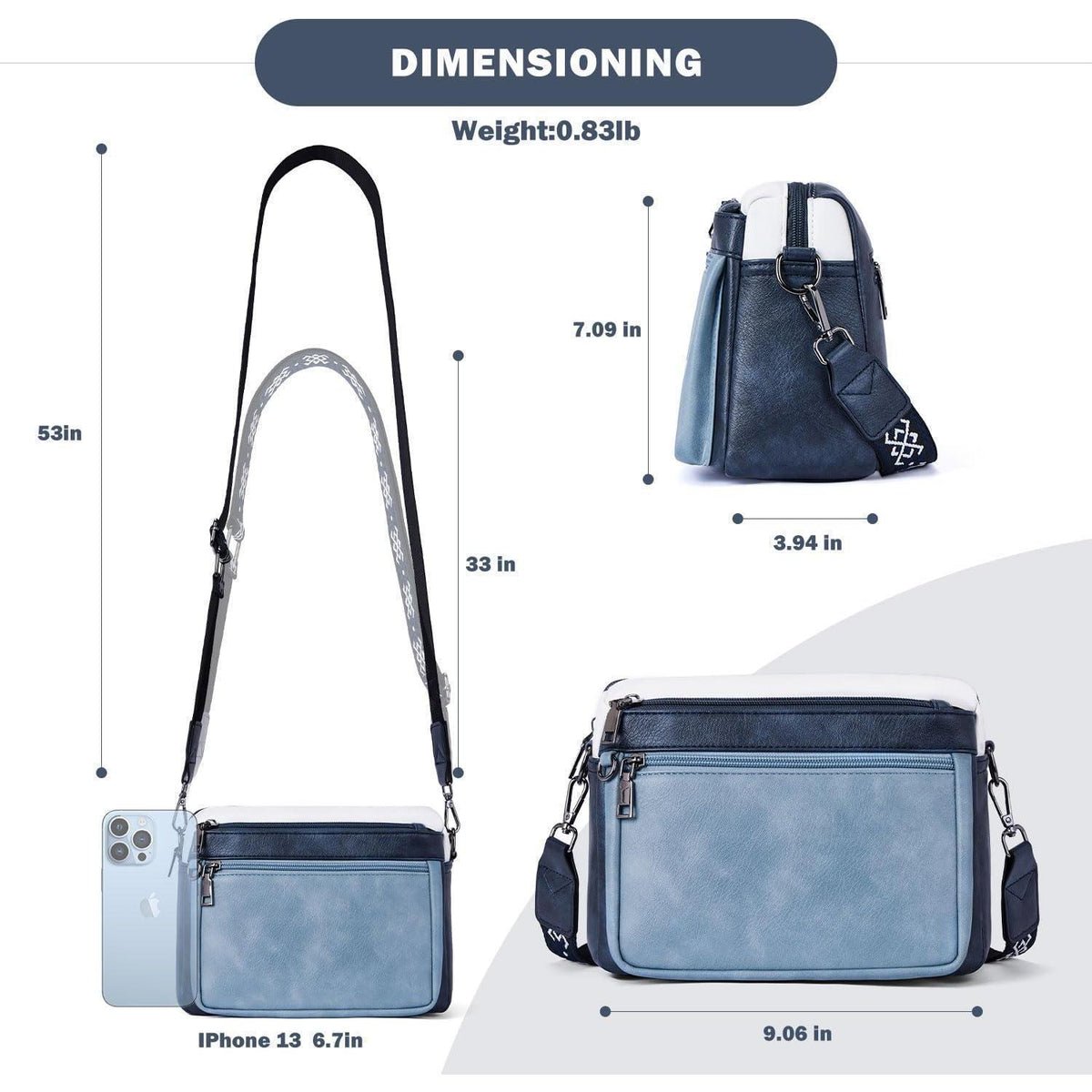 Umhängetasche Damen B-dreifarbigblau mit breitem Gurt in Lederoptik