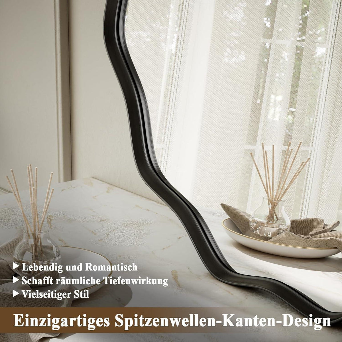 Runder Wandspiegel mit gewelltem Rand, 105 cm Schwarz