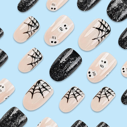 24 Nude Schwarz Press On Nails – Halloween Spinnennetz Design
