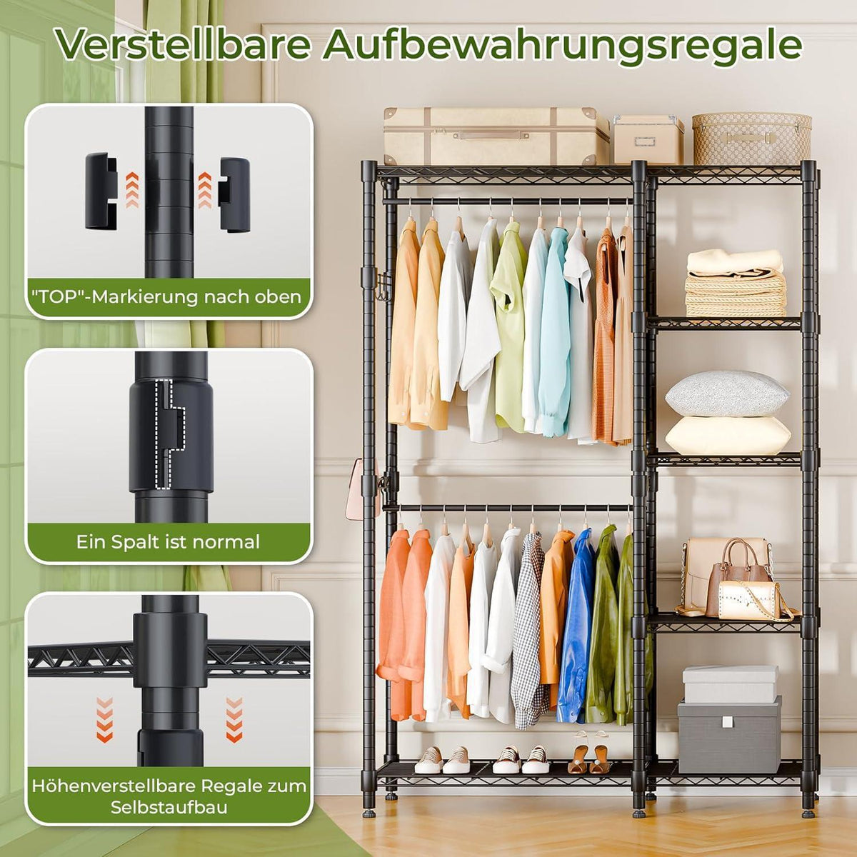 Freistehender Kleiderständer mit Regalen & Kleiderstangen