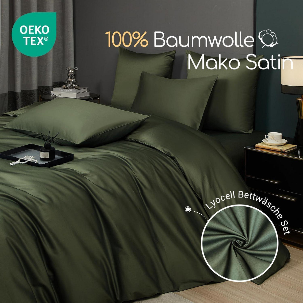 Mako Satin Bettwäsche Set Grün 135x200 4tlg. Dunkelgrün