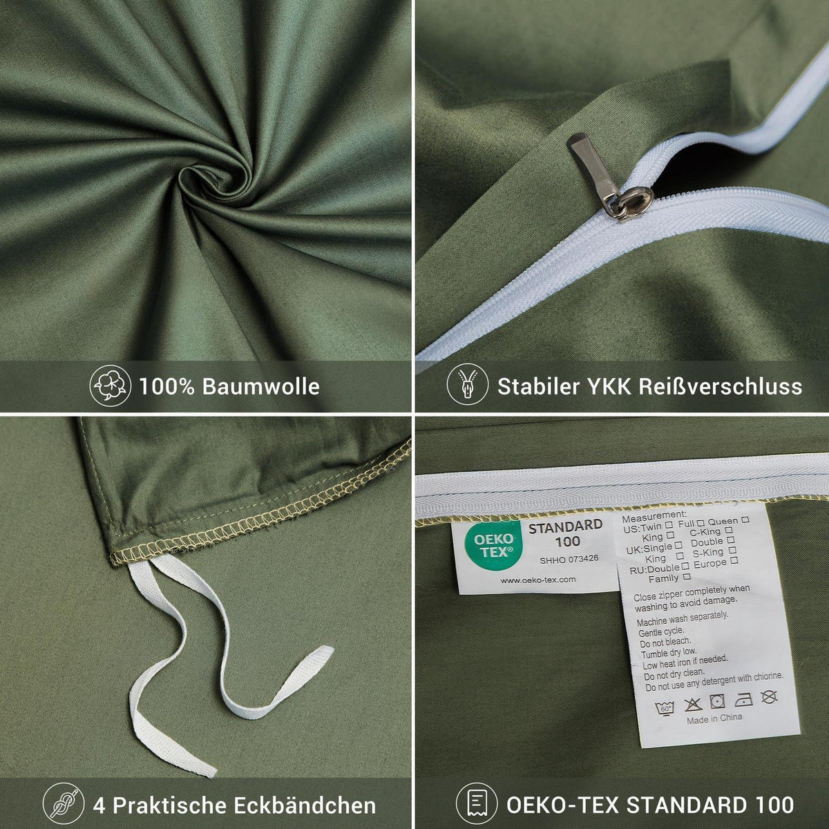 Mako Satin Bettwäsche Set Grün 135x200 4tlg. Dunkelgrün