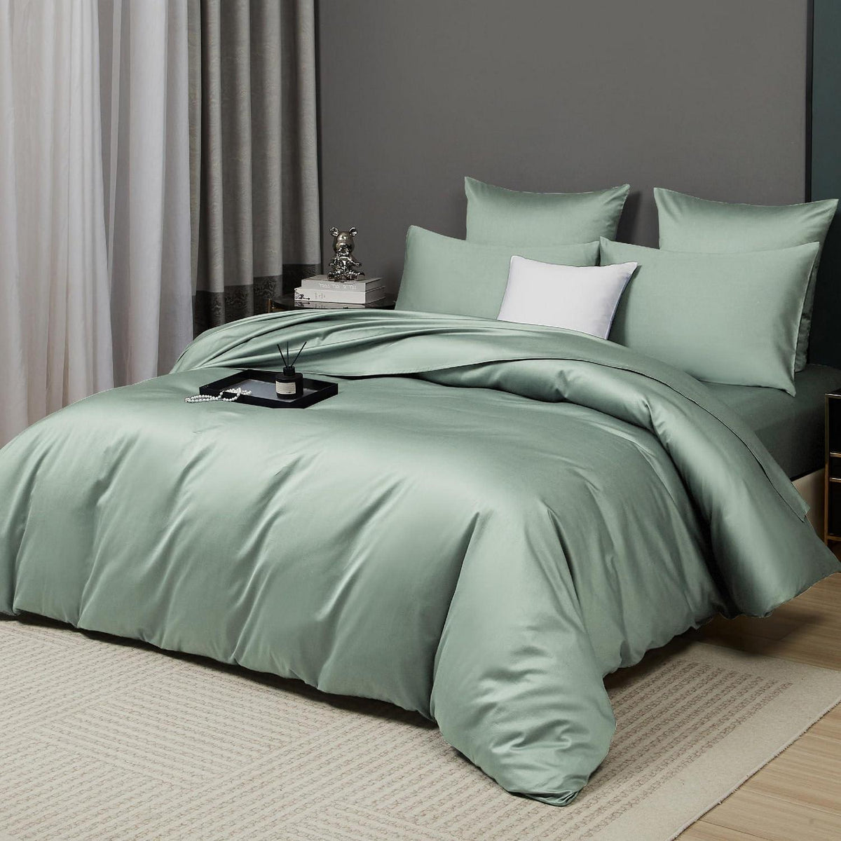 Mako Satin Bettwäsche 220x240 Grün Salbeigrün 3-tlg.