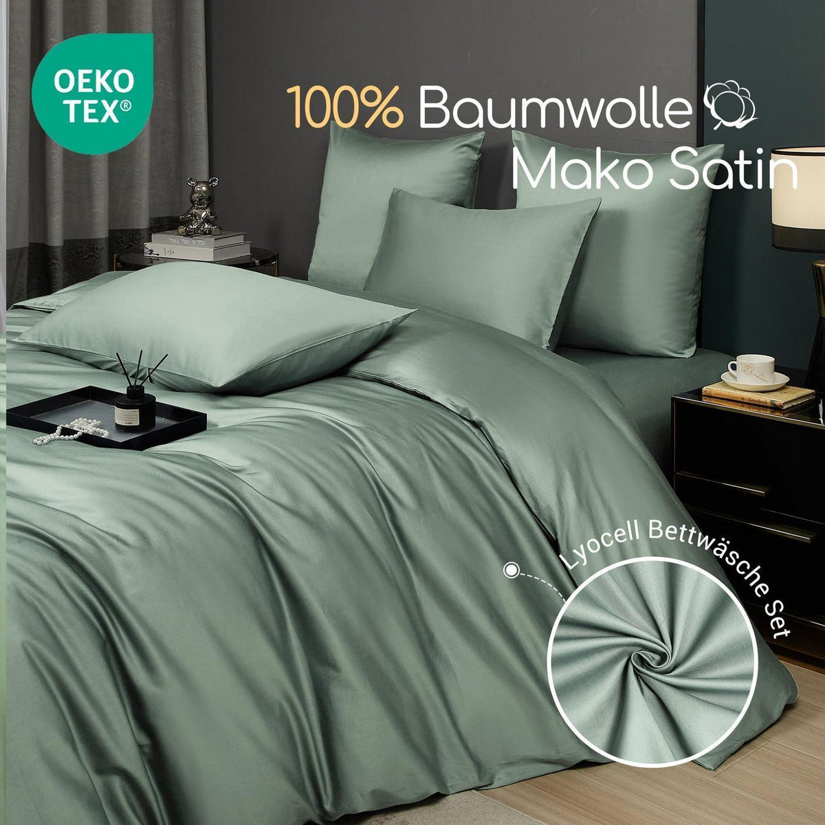 Mako Satin Bettwäsche 220x240 Grün Salbeigrün 3-tlg.