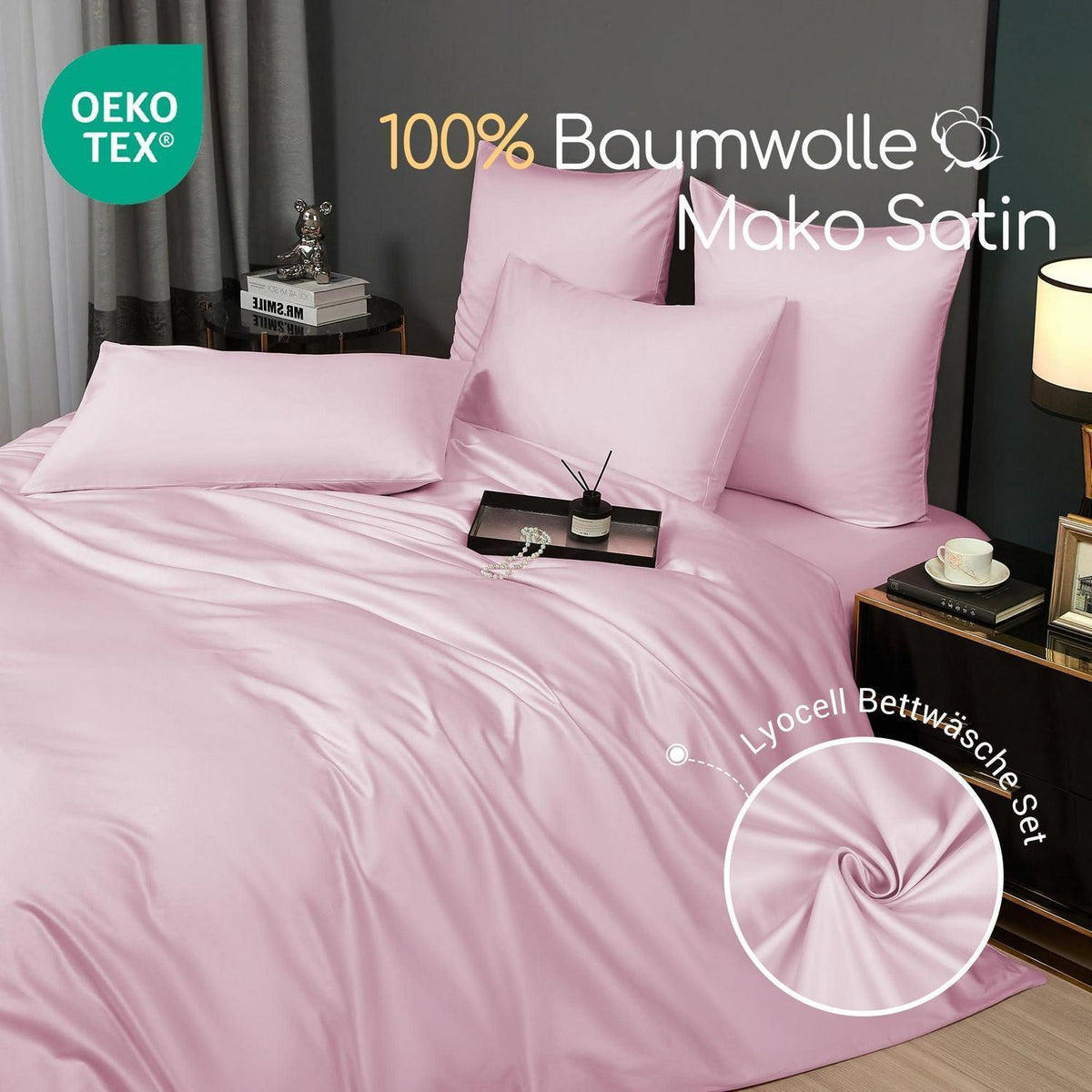 Mako Satin Bettwäsche Set Rosa 220x240 cm | 3-teilig