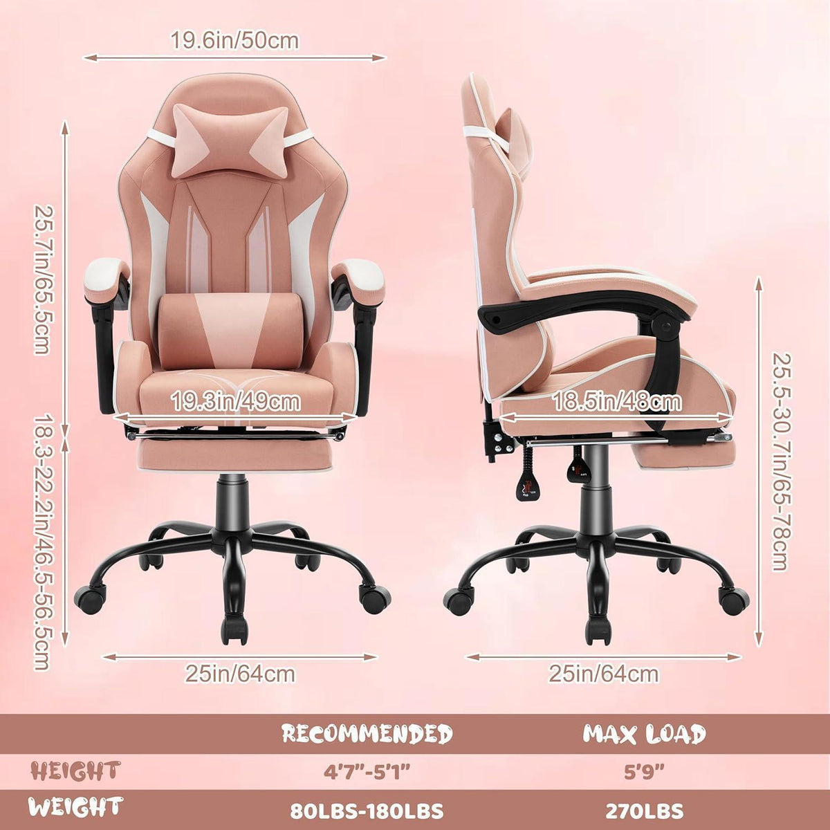 Ergonomischer Gaming Stuhl mit Fußstütze & Lendenkissen – Rosa