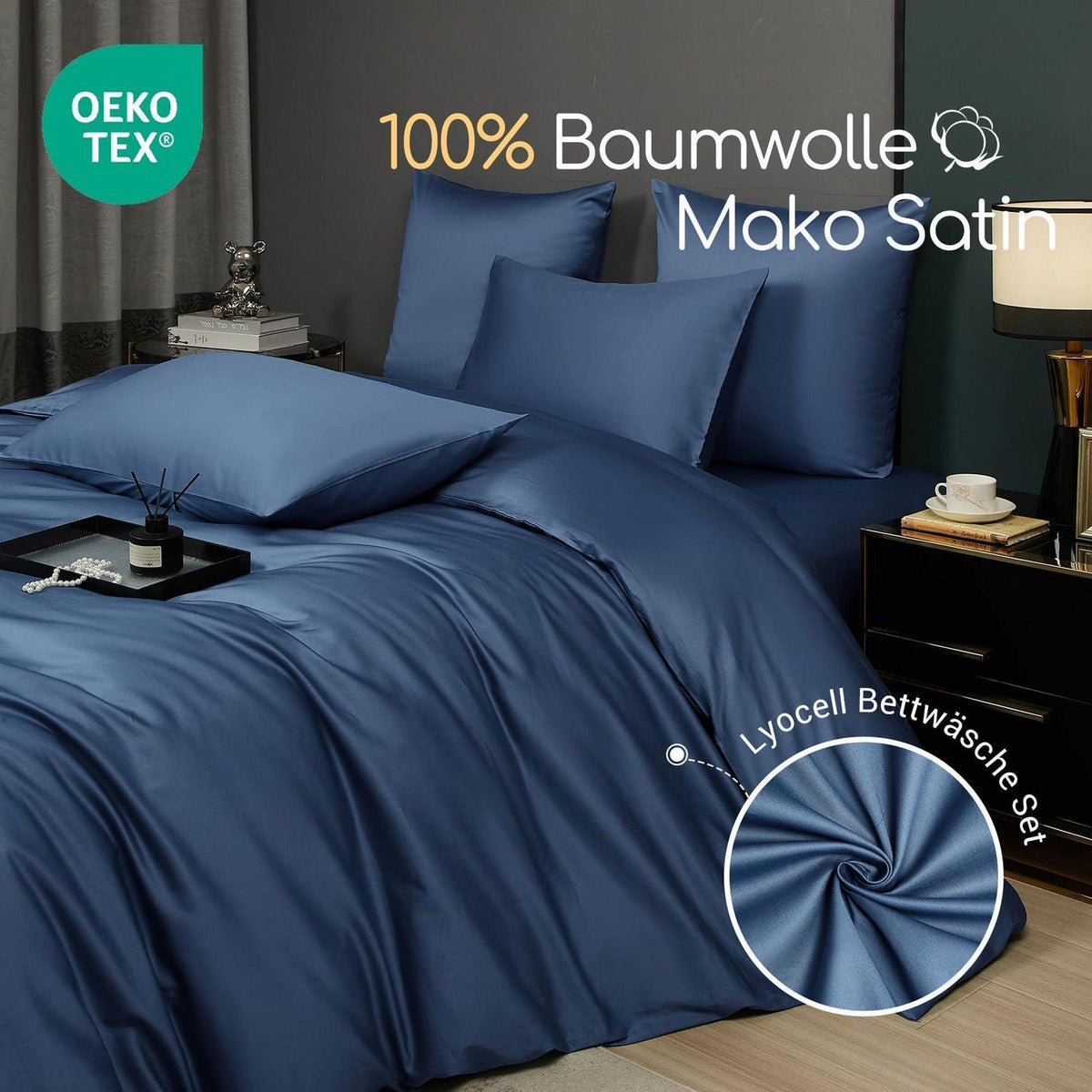 Mako Satin Bettwäsche Set 135x200 Blau Marine 4tlg.