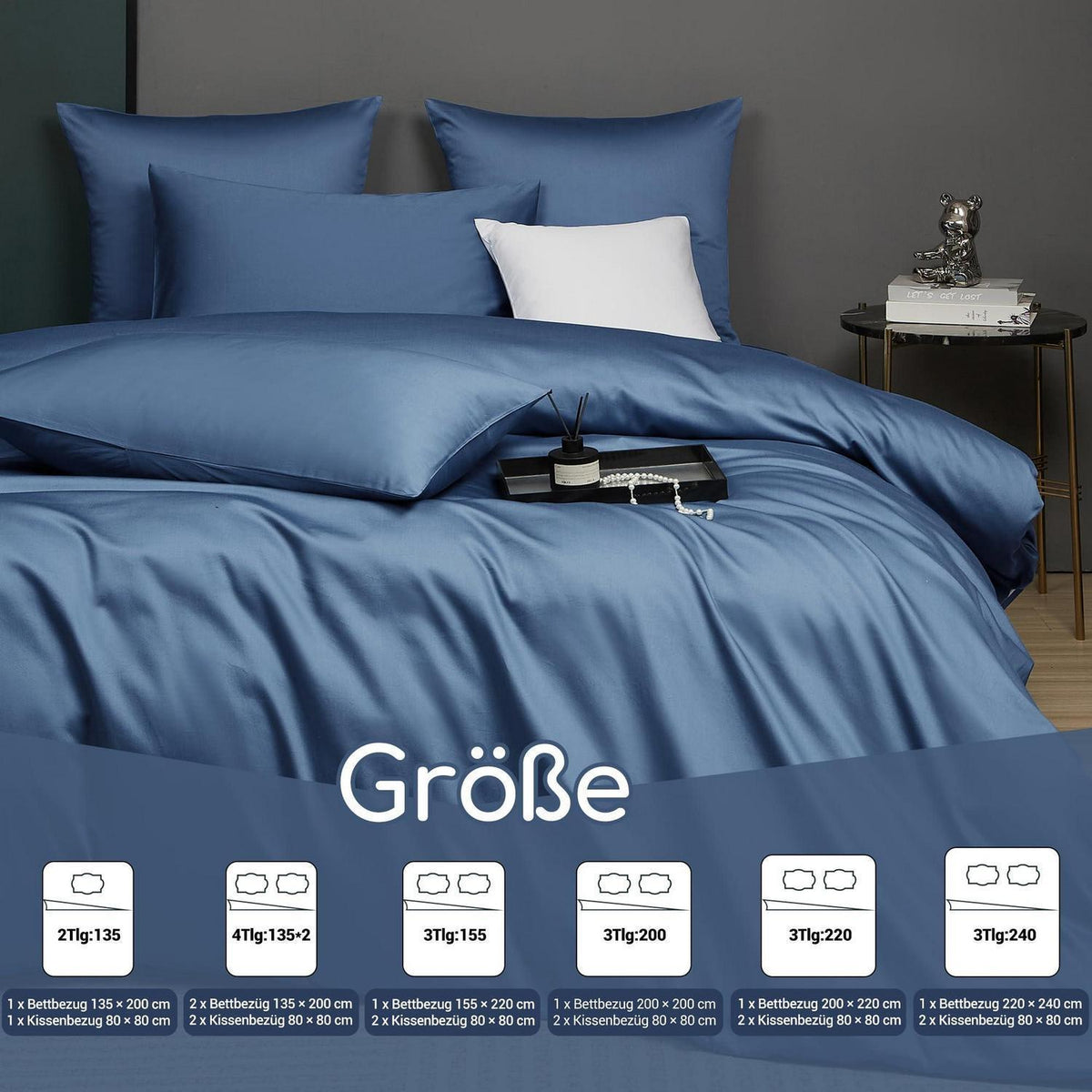 Mako Satin Bettwäsche Set 135x200 Blau Marine 4tlg.