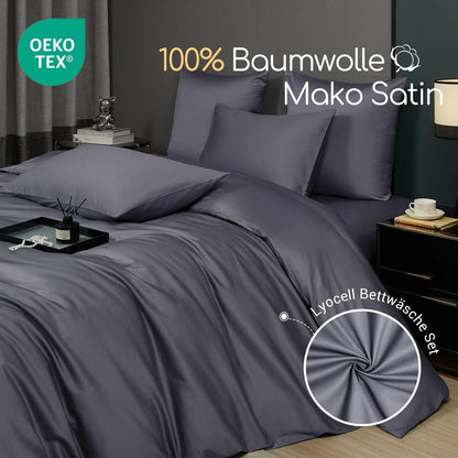 Mako Satin Bettwäsche Set 220x240 Hellgrau Anthrazit 3-teilig