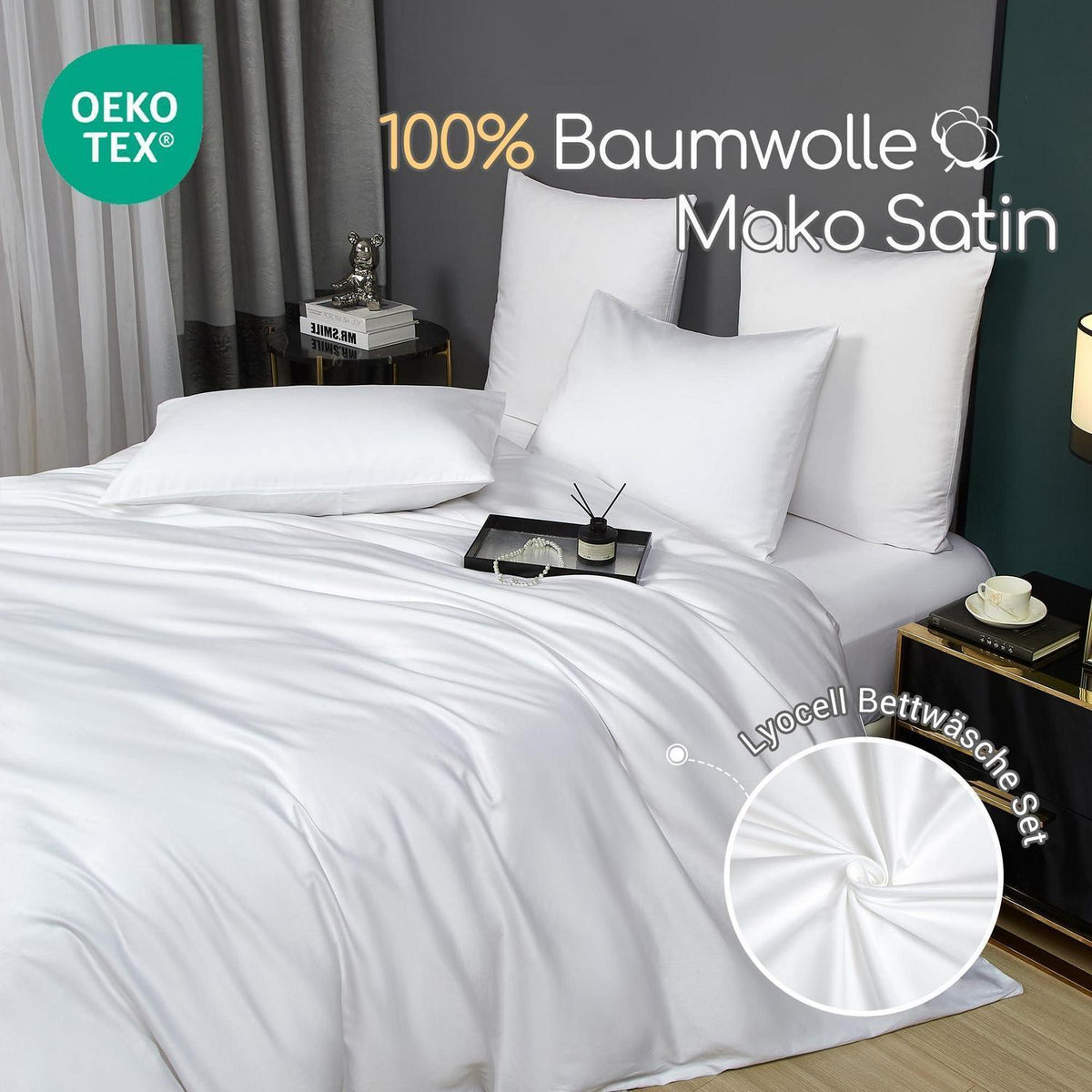 Mako Satin Bettwäsche Set 200x200 Weiß – 3-teilig & Kuschelig