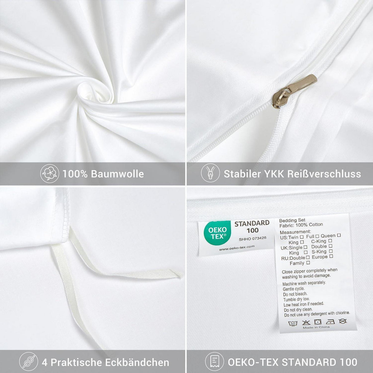 Mako Satin Bettwäsche Set 200x200 Weiß – 3-teilig & Kuschelig