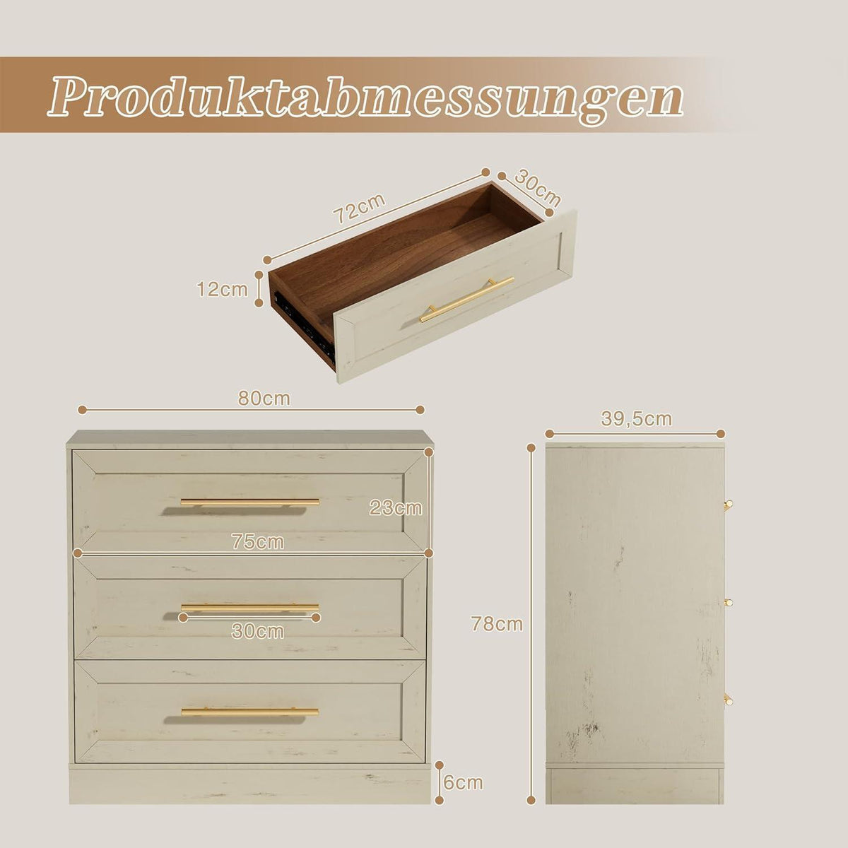 3 Schubladen Kommode – Beige Schlafzimmer Schrank mit Stauraum