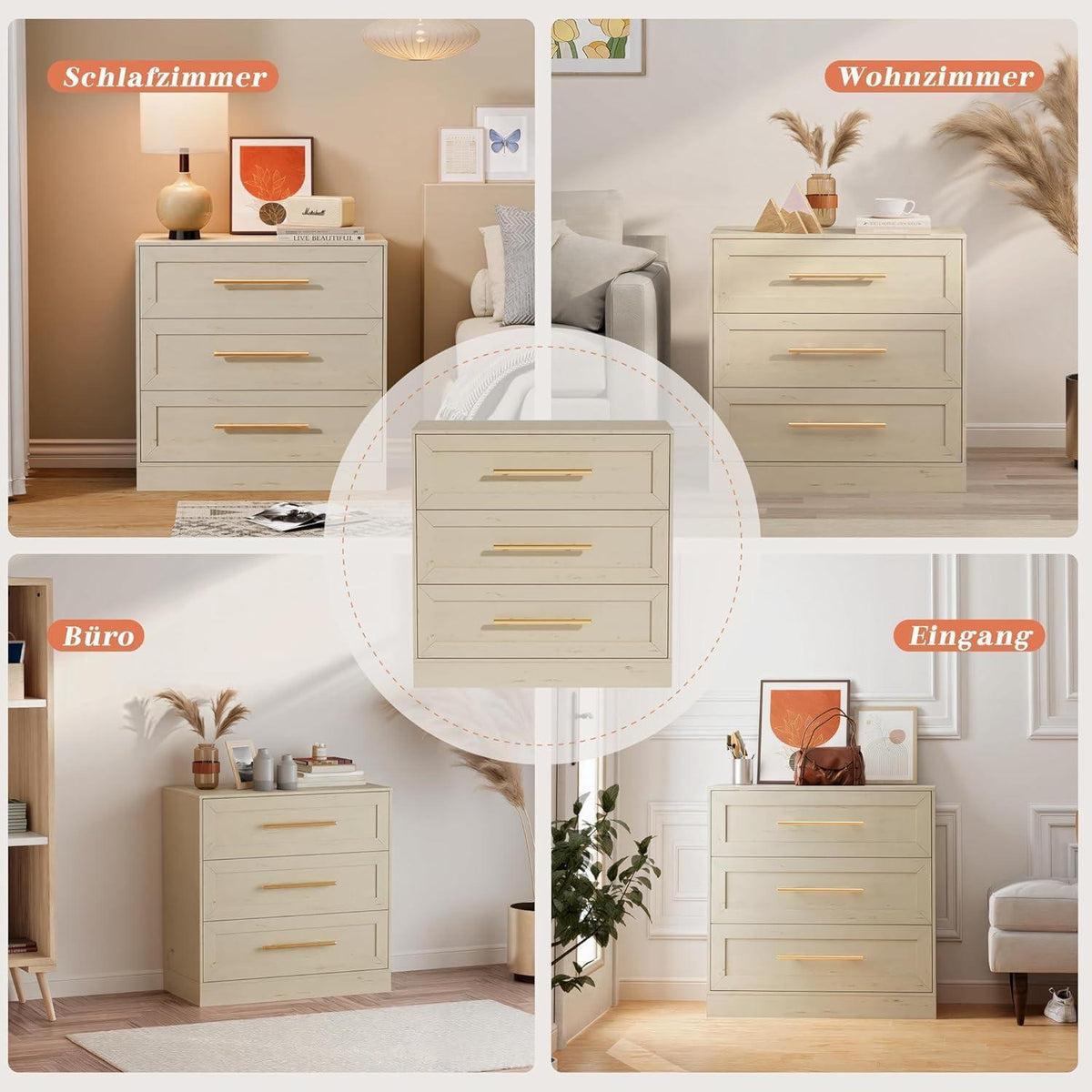 3 Schubladen Kommode – Beige Schlafzimmer Schrank mit Stauraum