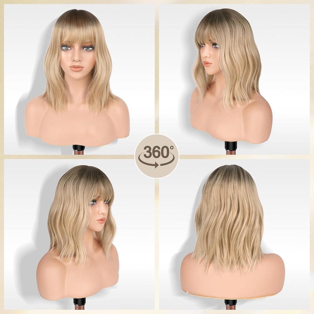 Welliges Bob Perücke mit Pony, Blond Ombre, 35cm Schulterlang