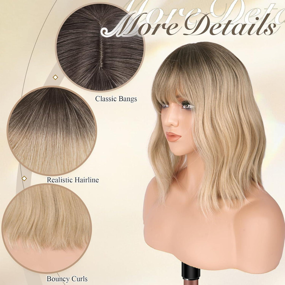 Welliges Bob Perücke mit Pony, Blond Ombre, 35cm Schulterlang