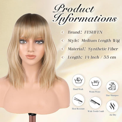 Welliges Bob Perücke mit Pony, Blond Ombre, 35cm Schulterlang