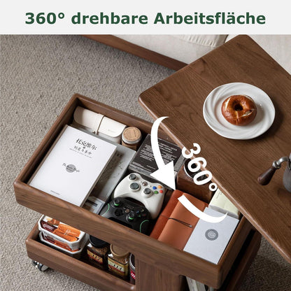 Massivholz Couchtisch Eiche, Höhenverstellbar & Drehbare Tischplatte