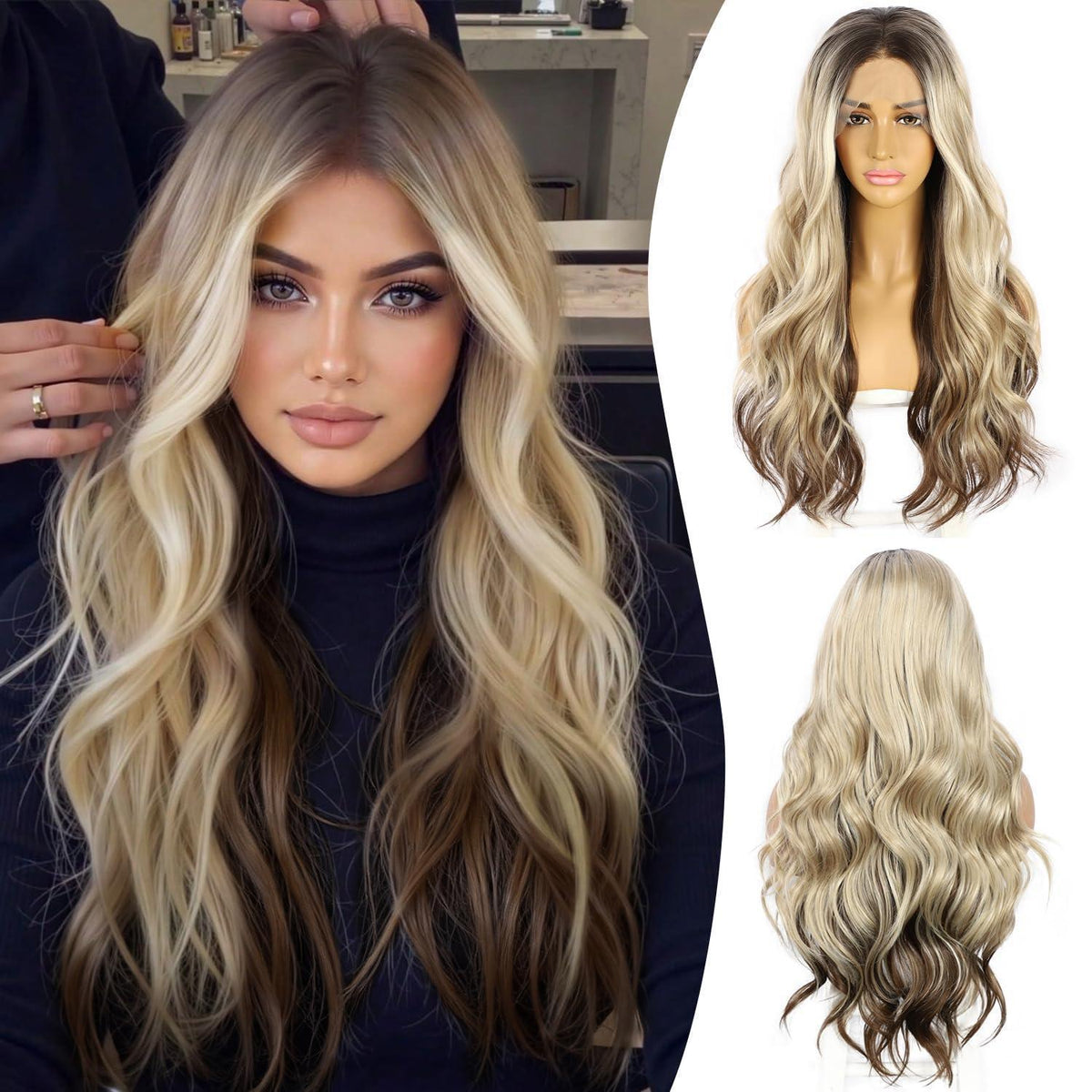 Blonde Braun Ombre Körperwelle Synthetische Lace Front Perücke 24 Zoll