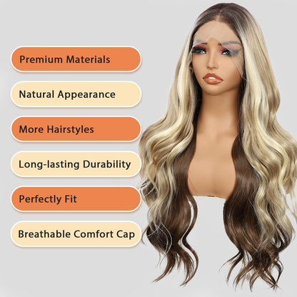 Blonde Braun Ombre Körperwelle Synthetische Lace Front Perücke 24 Zoll