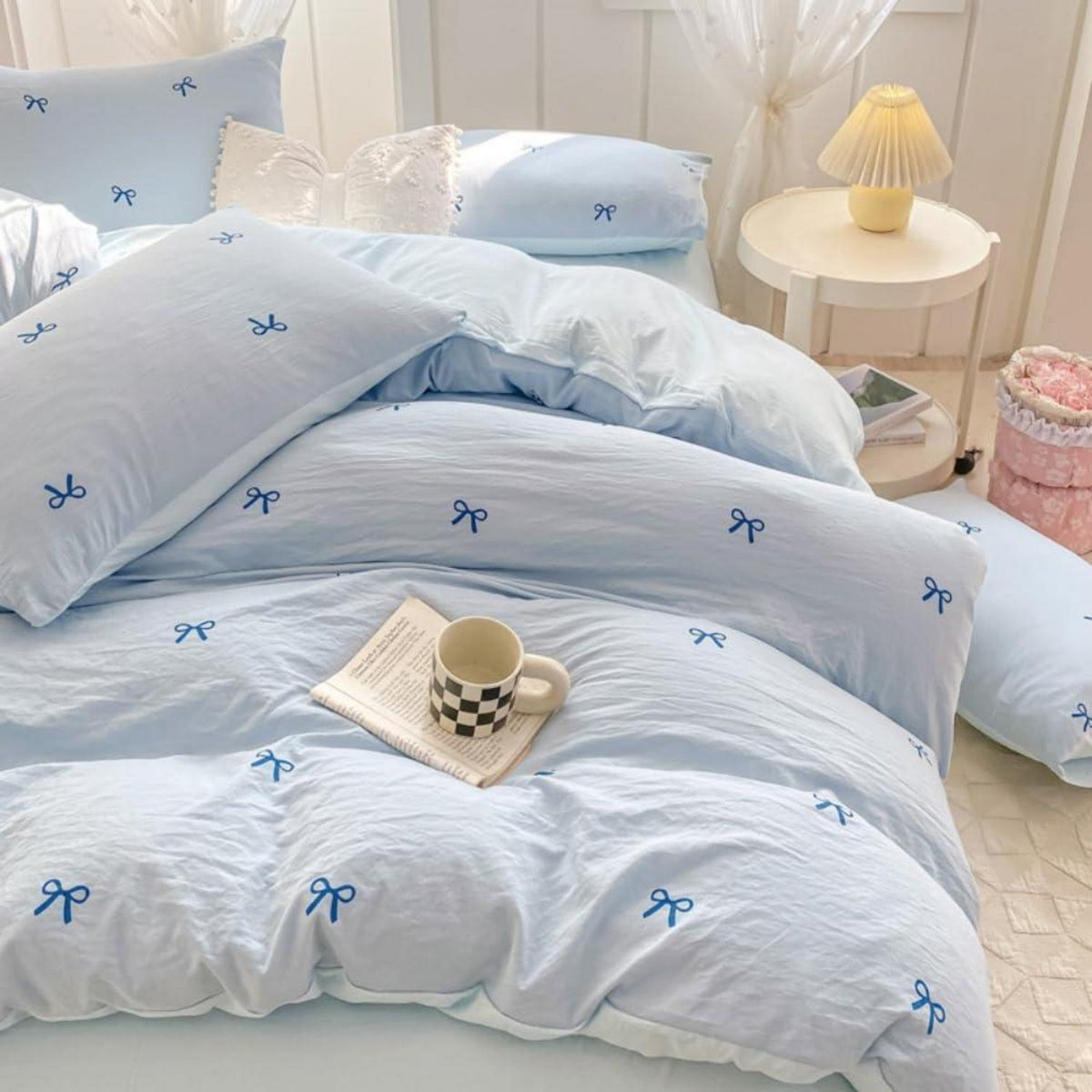 Blaues Mädchen Bettwäsche Set 135x200 mit Schleifenmuster