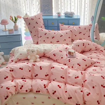 Mädchen Bettwäsche Set 135x200 Rosa Rot Kirschen Schleifen
