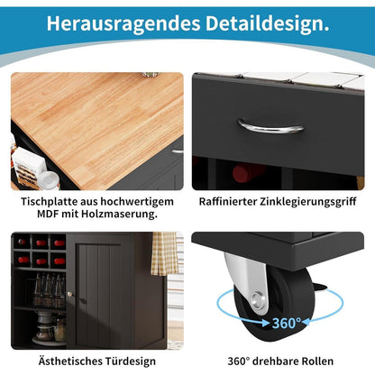 Klappbarer Küchenwagen mit Weinregal & Rollen (Schwarz)