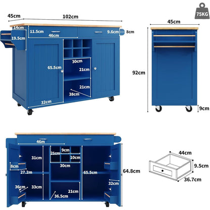 Klappbarer Küchenwagen mit Weinregal & Ablagen (Blau)