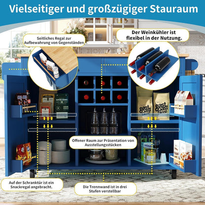 Klappbarer Küchenwagen mit Weinregal & Ablagen (Blau)