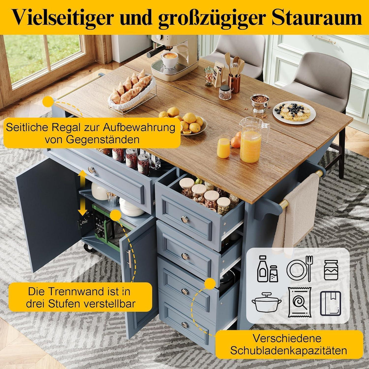 Klappbarer Küchenwagen mit Schubladen & Ablageflächen (Blau)
