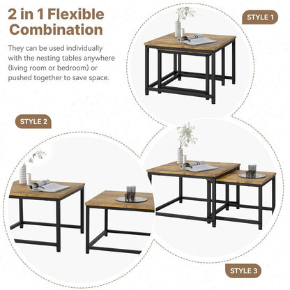 Holz Couchtisch Set rund mit Metallrahmen, Braun-quadratisch