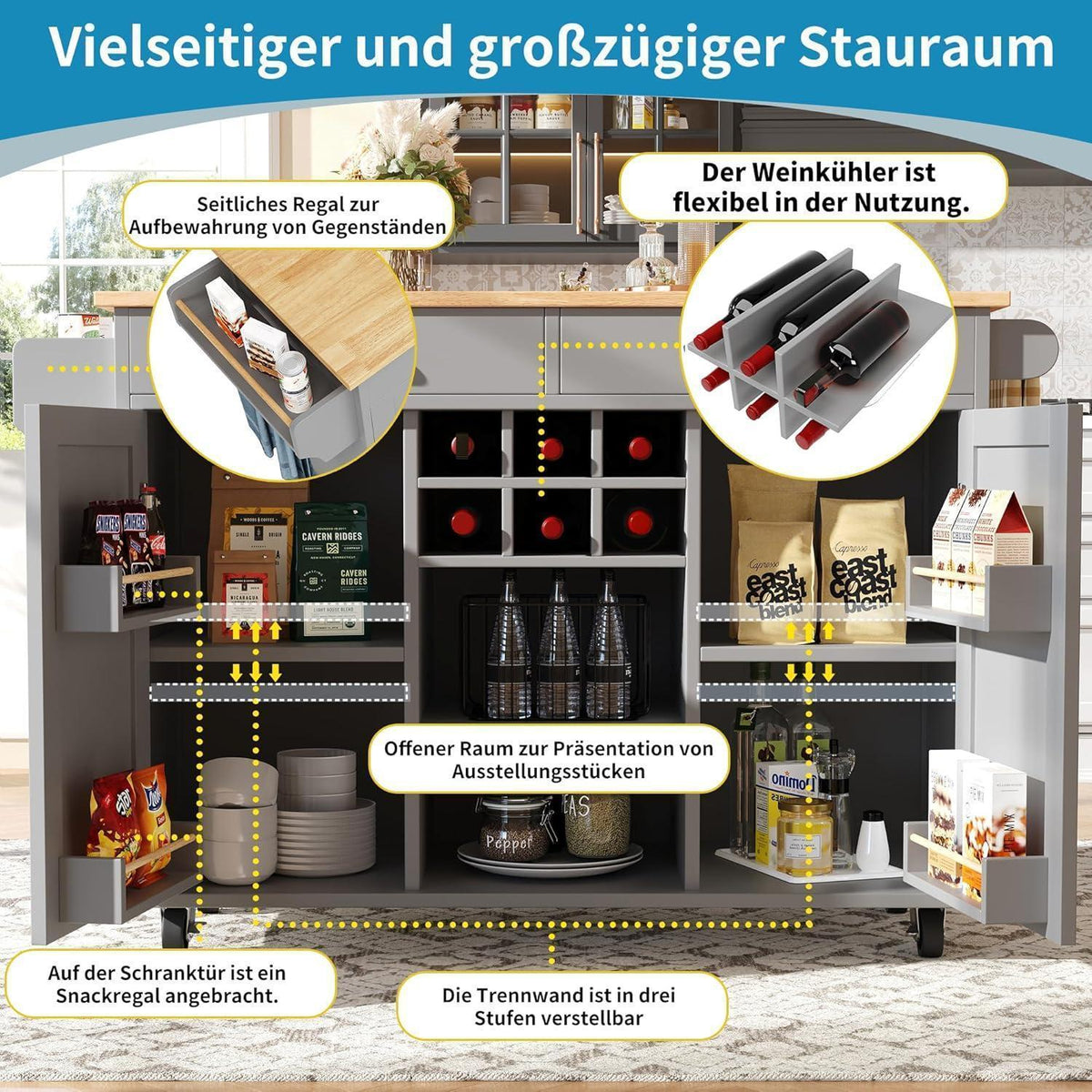 Klappbarer Küchenwagen mit Weinregal & Rollen (Grau)
