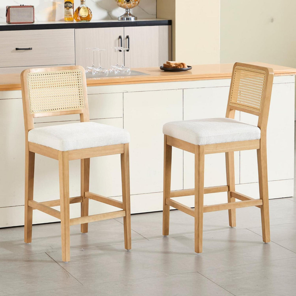 Barhocker 2er Set mit Rattan Rückenlehne, Weiß