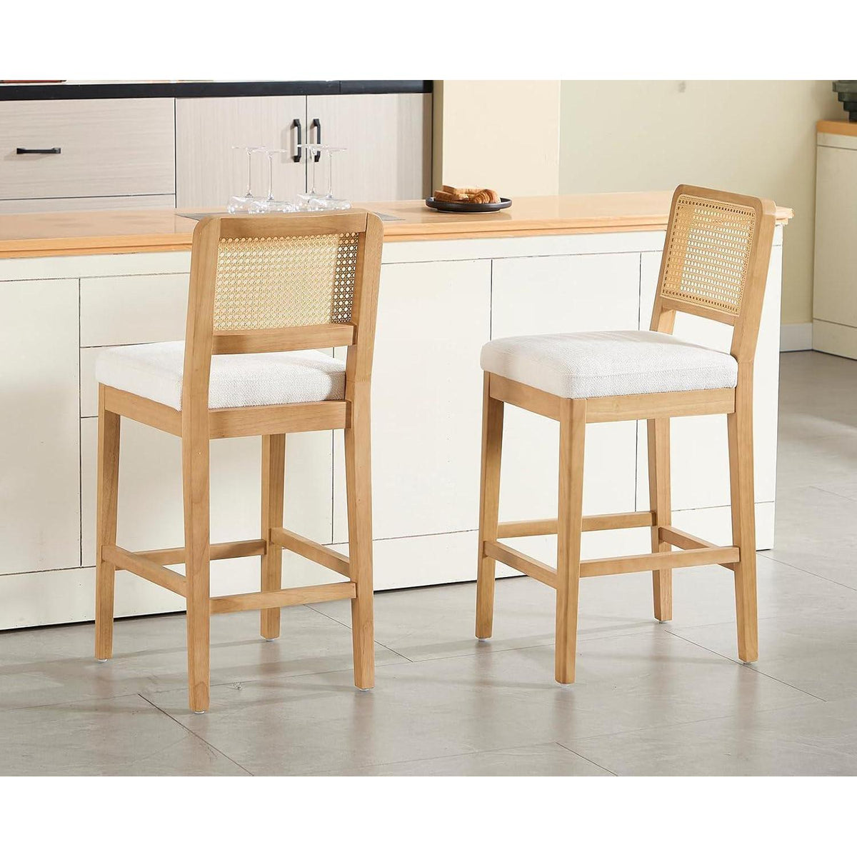 Barhocker 2er Set mit Rattan Rückenlehne, Weiß