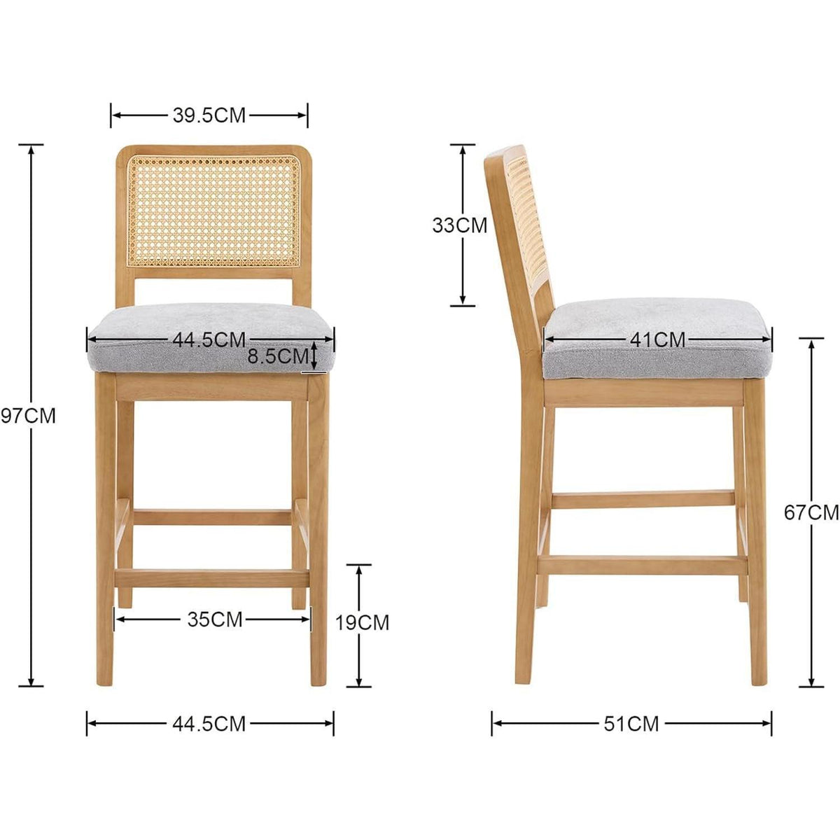 Barhocker 2er Set mit Rattan Rückenlehne, Grau