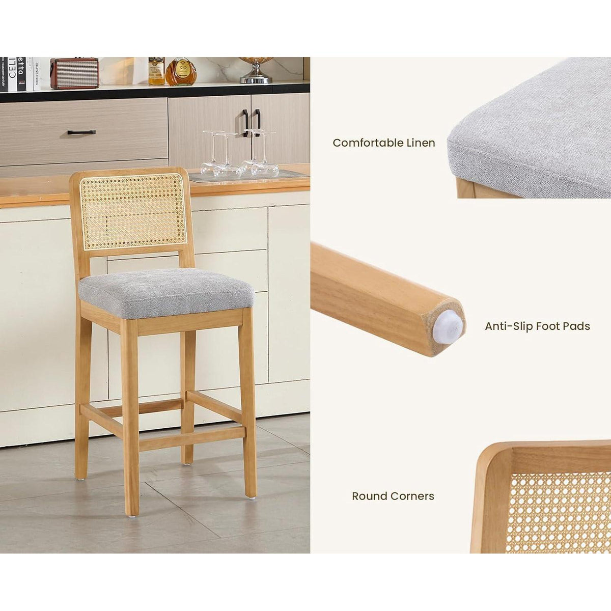 Barhocker 2er Set mit Rattan Rückenlehne, Grau