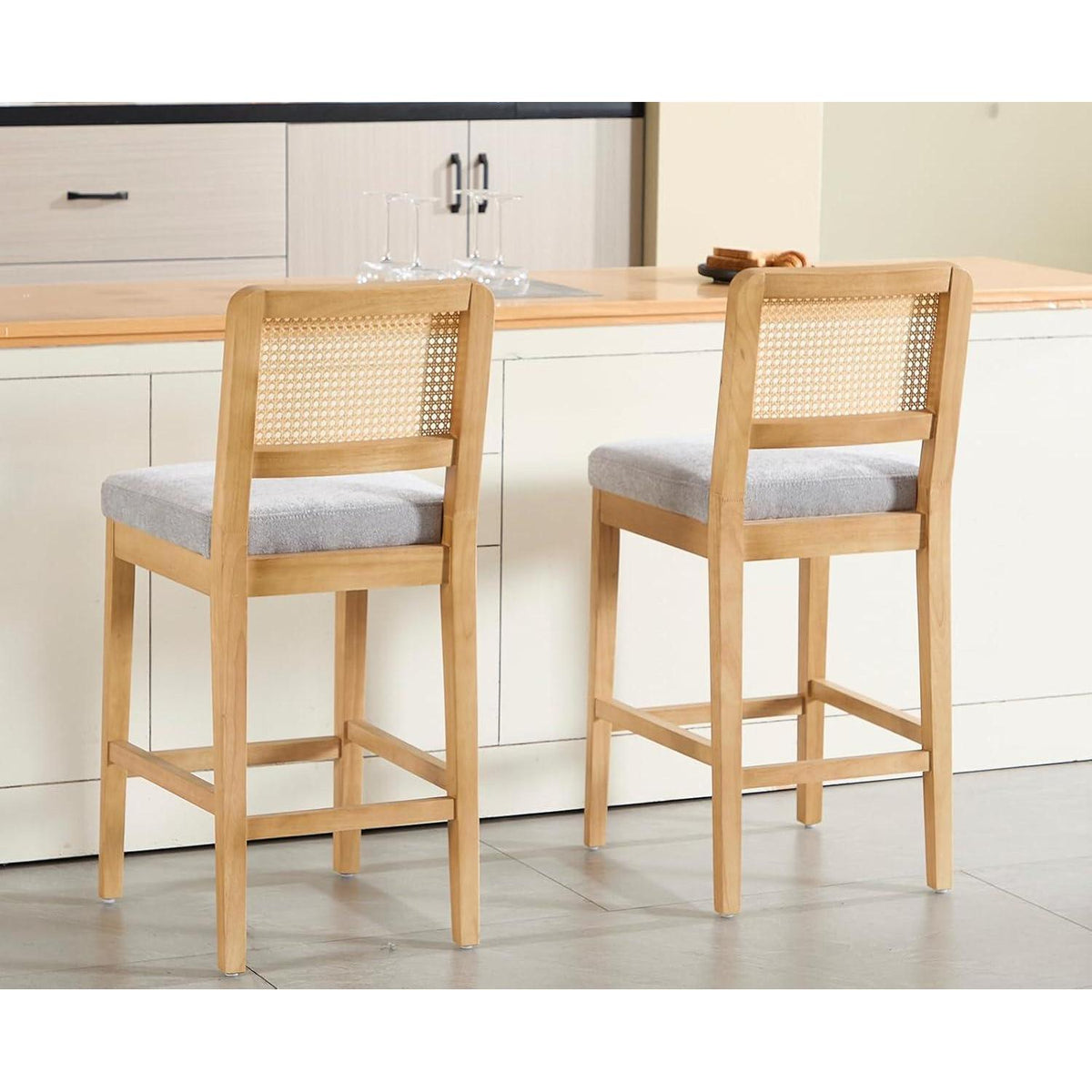 Barhocker 2er Set mit Rattan Rückenlehne, Grau