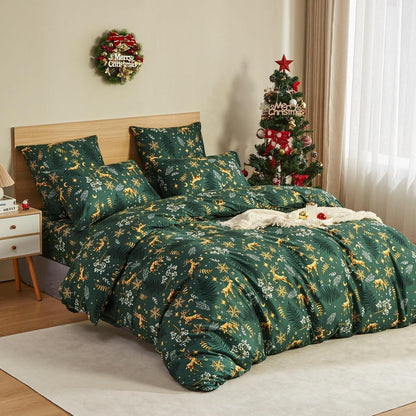 Weihnachts Bettwäsche Set 155x220 cm Grün Elch Muster
