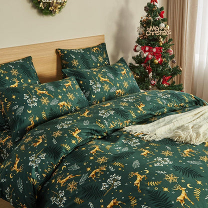 Weihnachts Bettwäsche Set 155x220 cm Grün Elch Muster