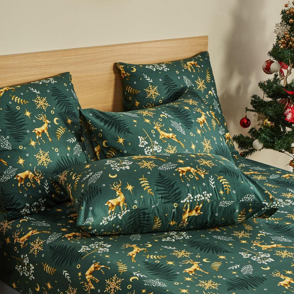 Weihnachts Bettwäsche Set 155x220 cm Grün Elch Muster